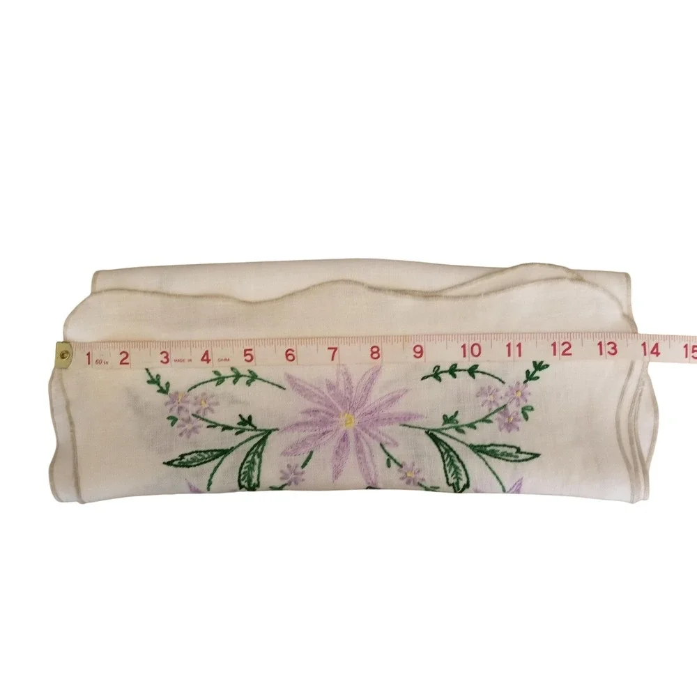 Vintage Hand Embroidered Floral‎ Linen Table Runner White Purple Scalloped Edge